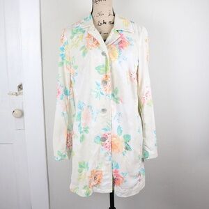 J Jill Women's Size Small Linen Blend Floral Pleated Long Jacket Pockets Boho